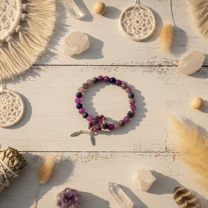 Multicolor Tourmaline Bracelet with Silver Plated Feather Charm