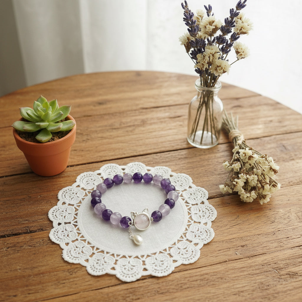 Amethyst - Morganite Cat Charm Bracelet