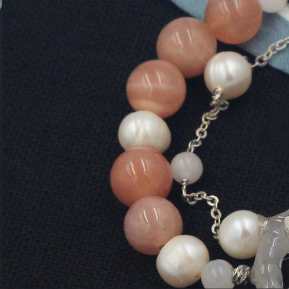 Sunstone, Moonstone & Freshwater Pearl Bracelet – 8mm Gemstone Bracelet with Silver Butterfly Charm