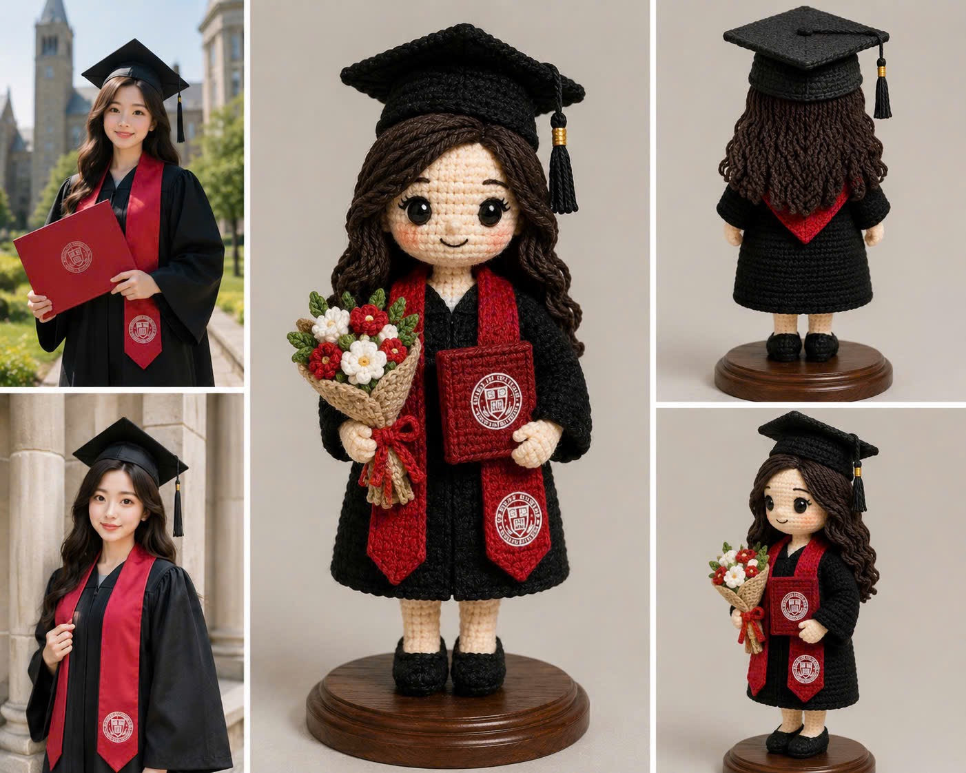 Custom Crochet Graduation Doll with Wooden Base