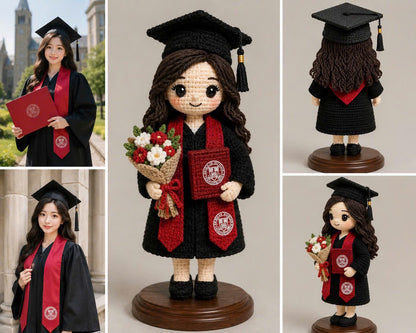 Custom Crochet Graduation Doll with Wooden Base