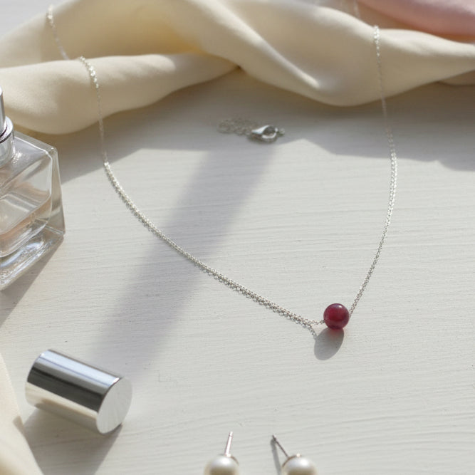 Minimalist Peach Moonstone Silver Necklace