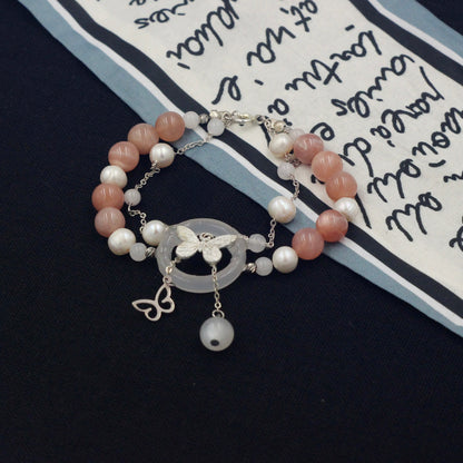Sunstone, Moonstone & Freshwater Pearl Bracelet – 8mm Gemstone Bracelet with Silver Butterfly Charm