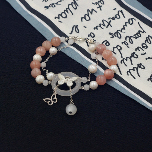 Sunstone, Moonstone & Freshwater Pearl Bracelet – 8mm Gemstone Bracelet with Silver Butterfly Charm