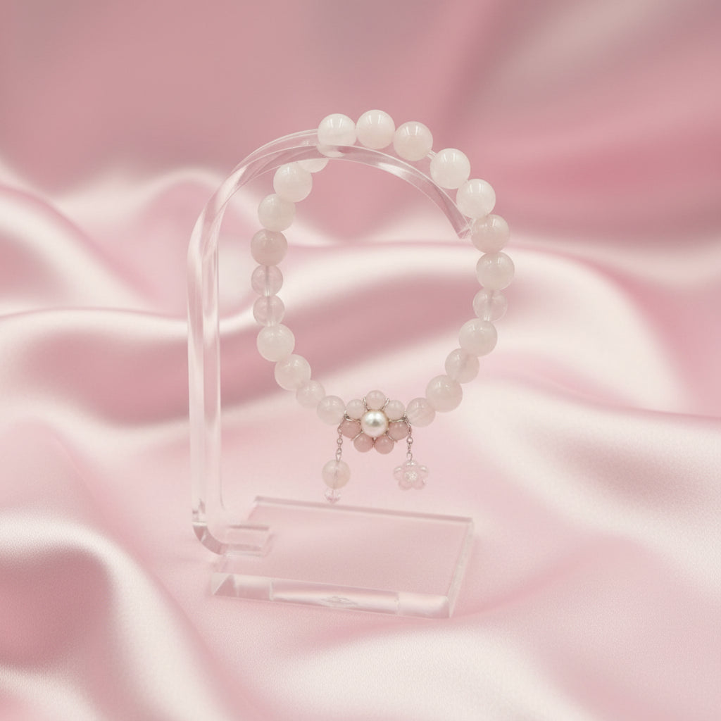Rose Quartz & Freshwater Pearl Bracelet – Silver 925 Floral Charm Design (Wrist size 14–18cm | 5.5–7 inch)