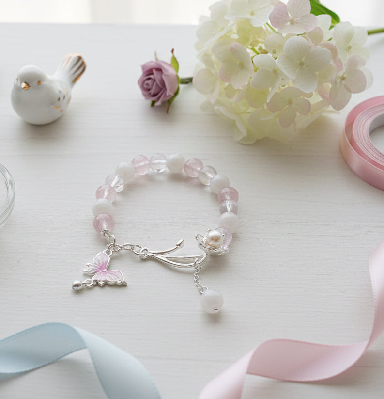 Pink Crystal Bracelet with Lotus Pearl Charm