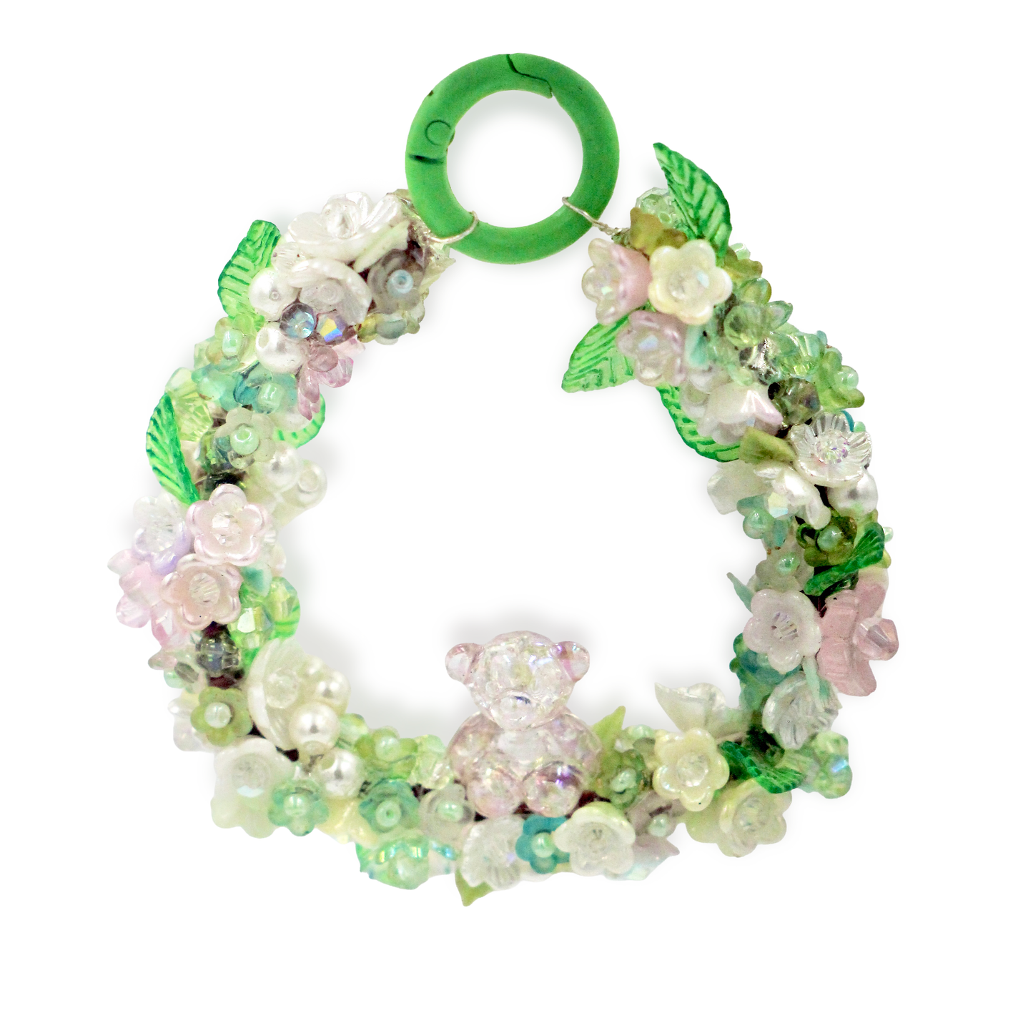 Handmade Beaded Floral Wreath Charm with Teddy Bear
