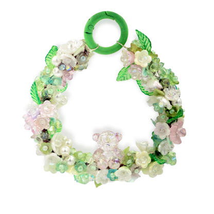Handmade Beaded Floral Wreath Charm with Teddy Bear