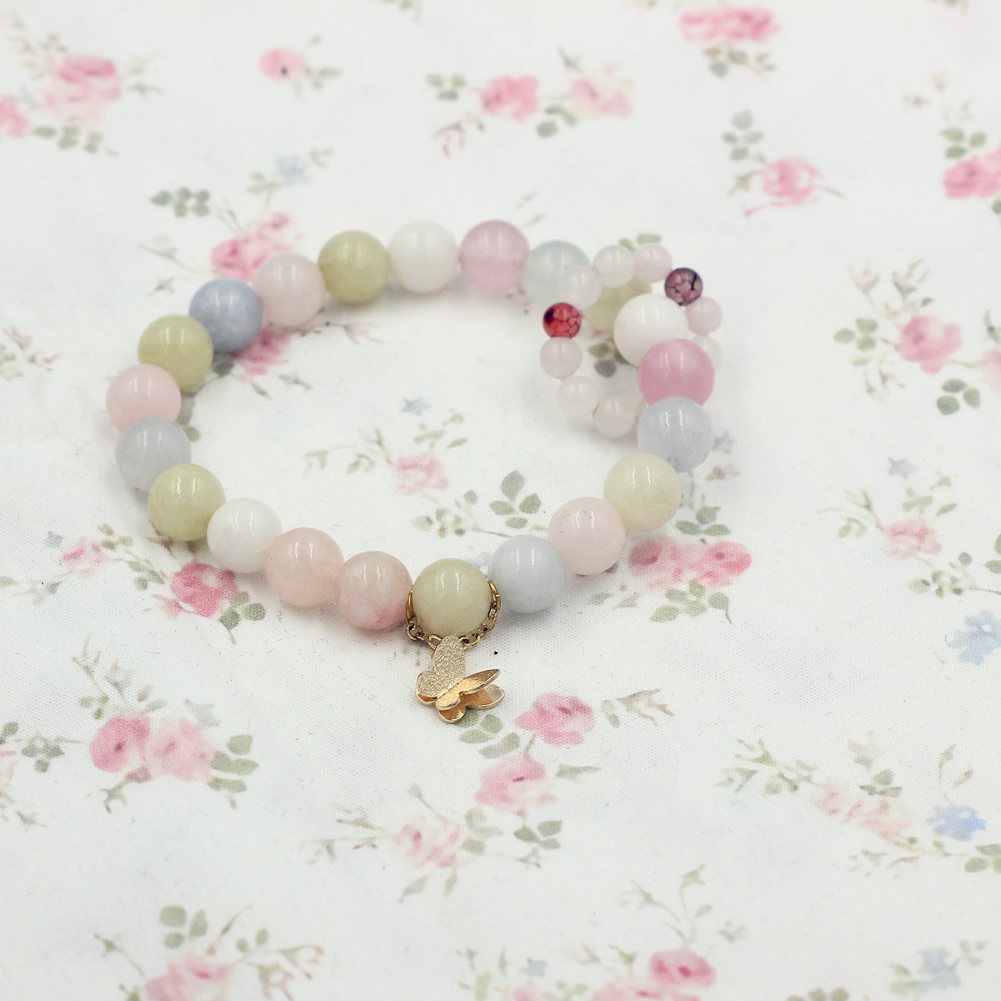 Morganite Bracele – Multi Color Gemstone Bracelet with Gold Butterfly Charm