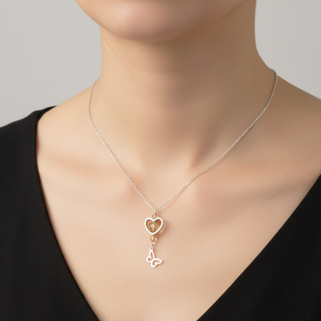925 Sterling Silver Heart Necklace with Golden Rutilated Quartz