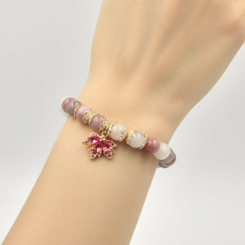 Sunstone and Peach Moonstone Bracelet – Red Zircon Maple Leaf Charm