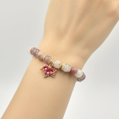 Sunstone and Peach Moonstone Bracelet – Red Zircon Maple Leaf Charm