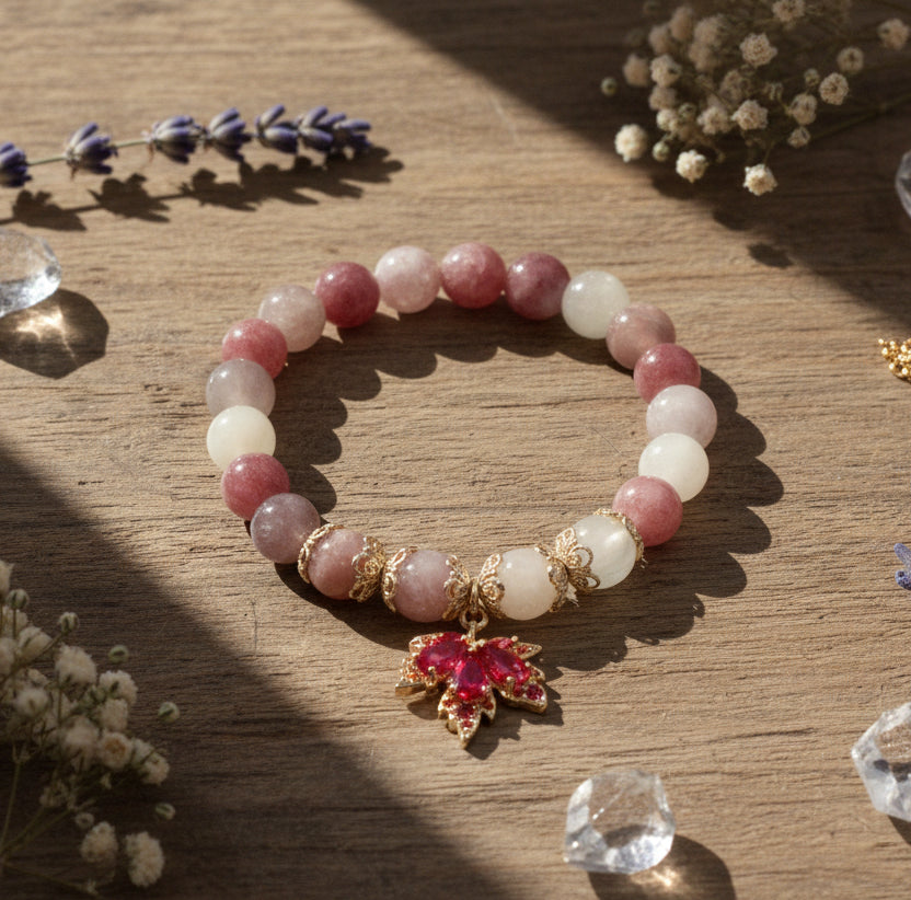 Sunstone and Peach Moonstone Bracelet – Red Zircon Maple Leaf Charm