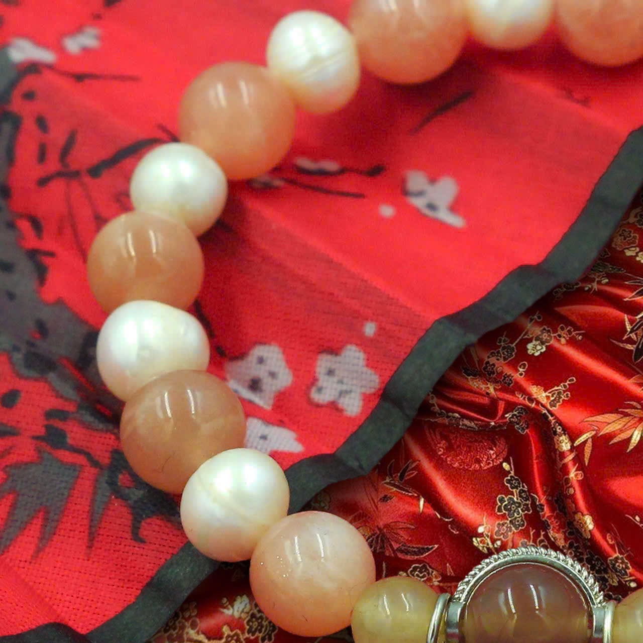 Sunstone and Peach Moonstone Bracelet with Freshwater Pearls