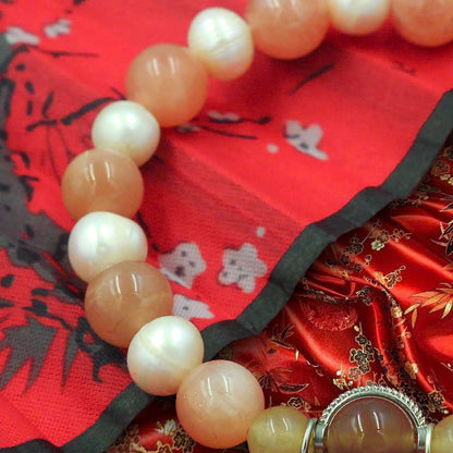Sunstone and Peach Moonstone Bracelet with Freshwater Pearls