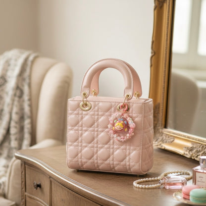 Cute Pink Doll Head Keychain – Beaded Floral Charm with Mini Guitar for Phone, Bag, or Purse