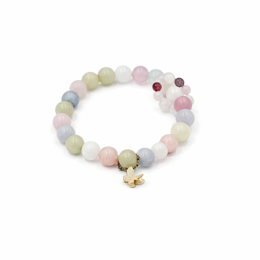 Morganite Bracele – Multi Color Gemstone Bracelet with Gold Butterfly Charm