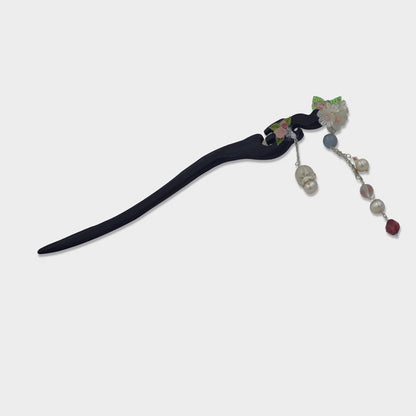 Handcrafted Rosewood Hairpin with Agate, Quartz & Pearls