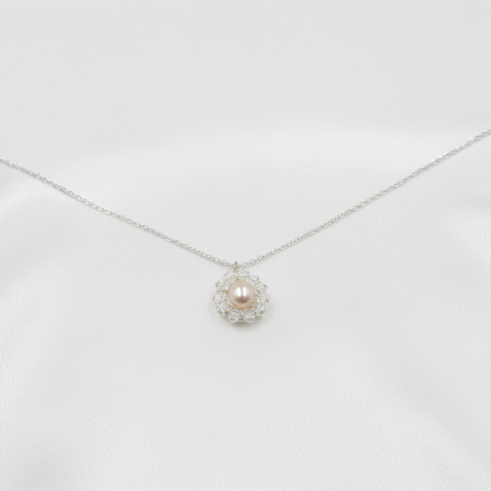 925 Sterling Silver Necklace with White Crystal - Pink Freshwater Pearl Pendant