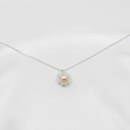 925 Sterling Silver Necklace with White Crystal - Pink Freshwater Pearl Pendant