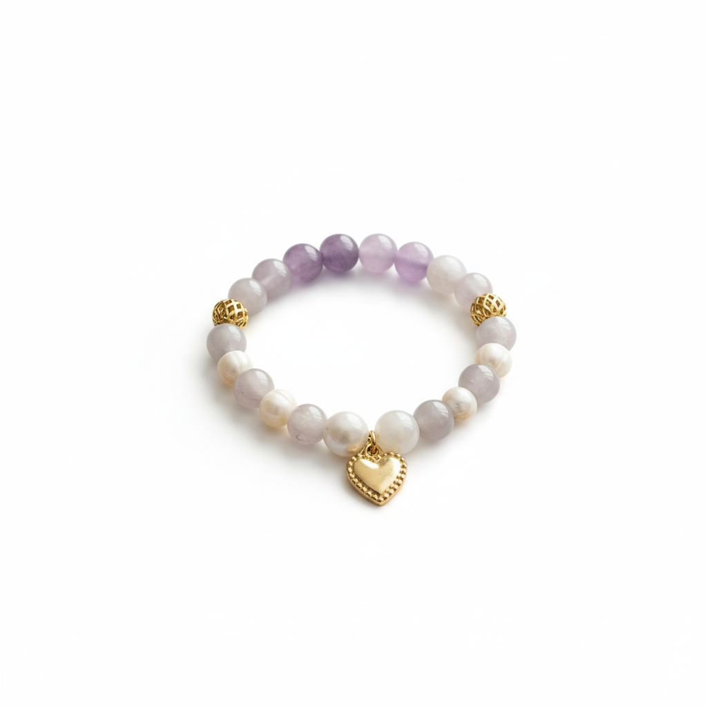Amethyst Pearl Bracelet | Gold Heart Charm Bracelet | Romantic Crystal Jewelry | Gift for Her