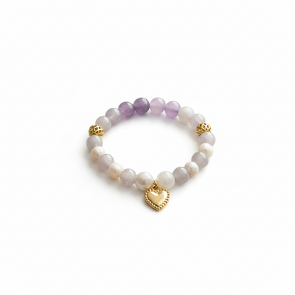 Amethyst Pearl Bracelet | Gold Heart Charm Bracelet | Romantic Crystal Jewelry | Gift for Her