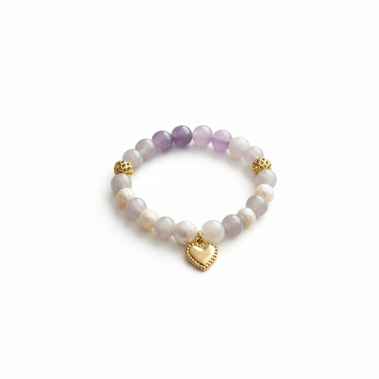 Amethyst Pearl Bracelet | Gold Heart Charm Bracelet | Romantic Crystal Jewelry | Gift for Her