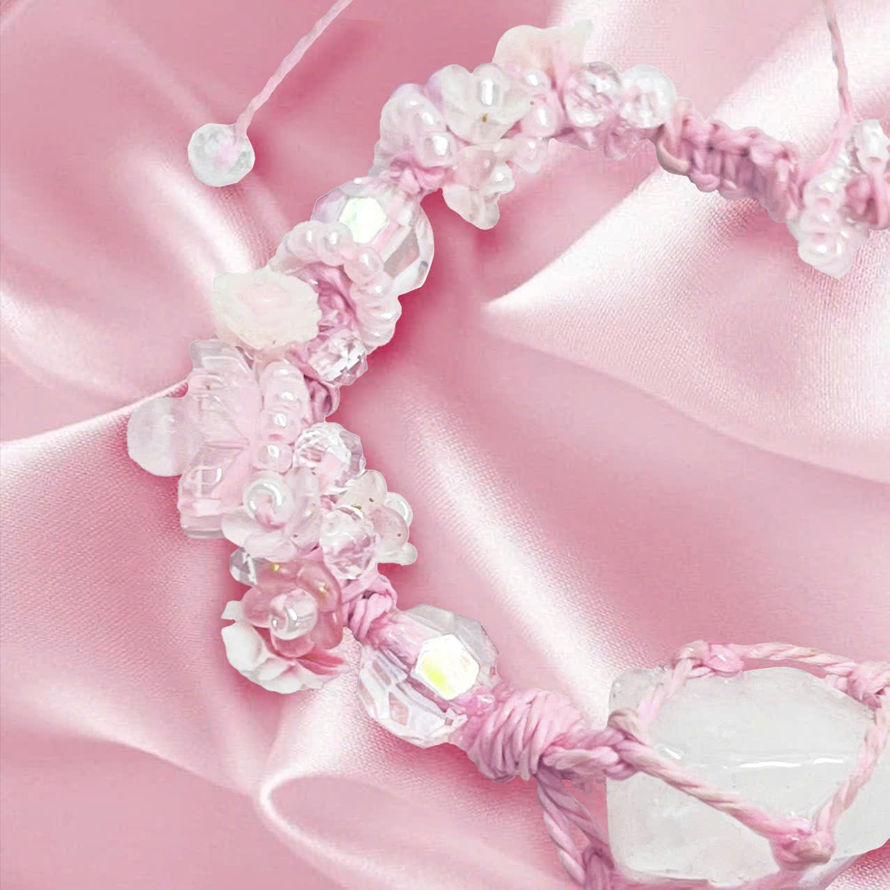 Raw Rose Quartz and Flower Macrame Bracelet