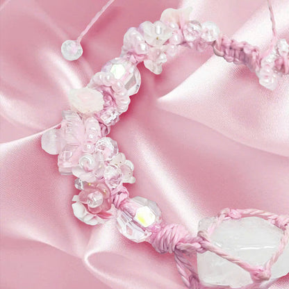 Raw Rose Quartz and Flower Macrame Bracelet