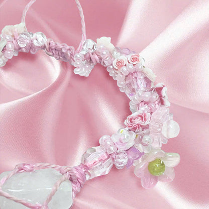 Raw Rose Quartz and Flower Macrame Bracelet