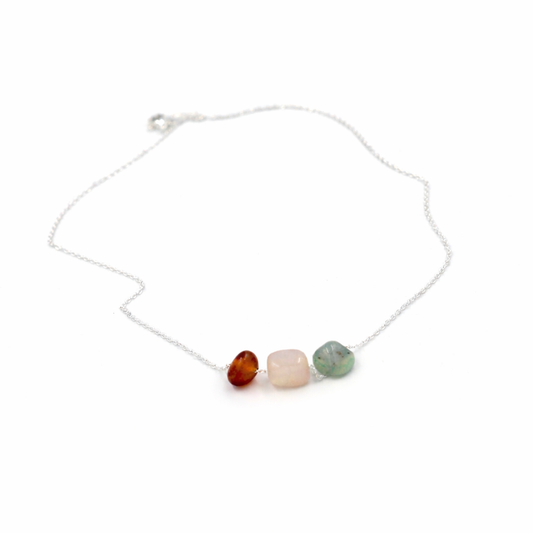 Minimalist 925 Silver Necklace with Raw Agate Stones – Natural Multi-Color Gemstone Pendant