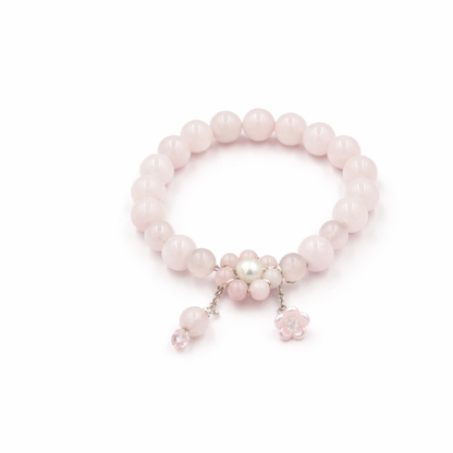 Rose Quartz & Freshwater Pearl Bracelet – Silver 925 Floral Charm Design (Wrist size 14–18cm | 5.5–7 inch)