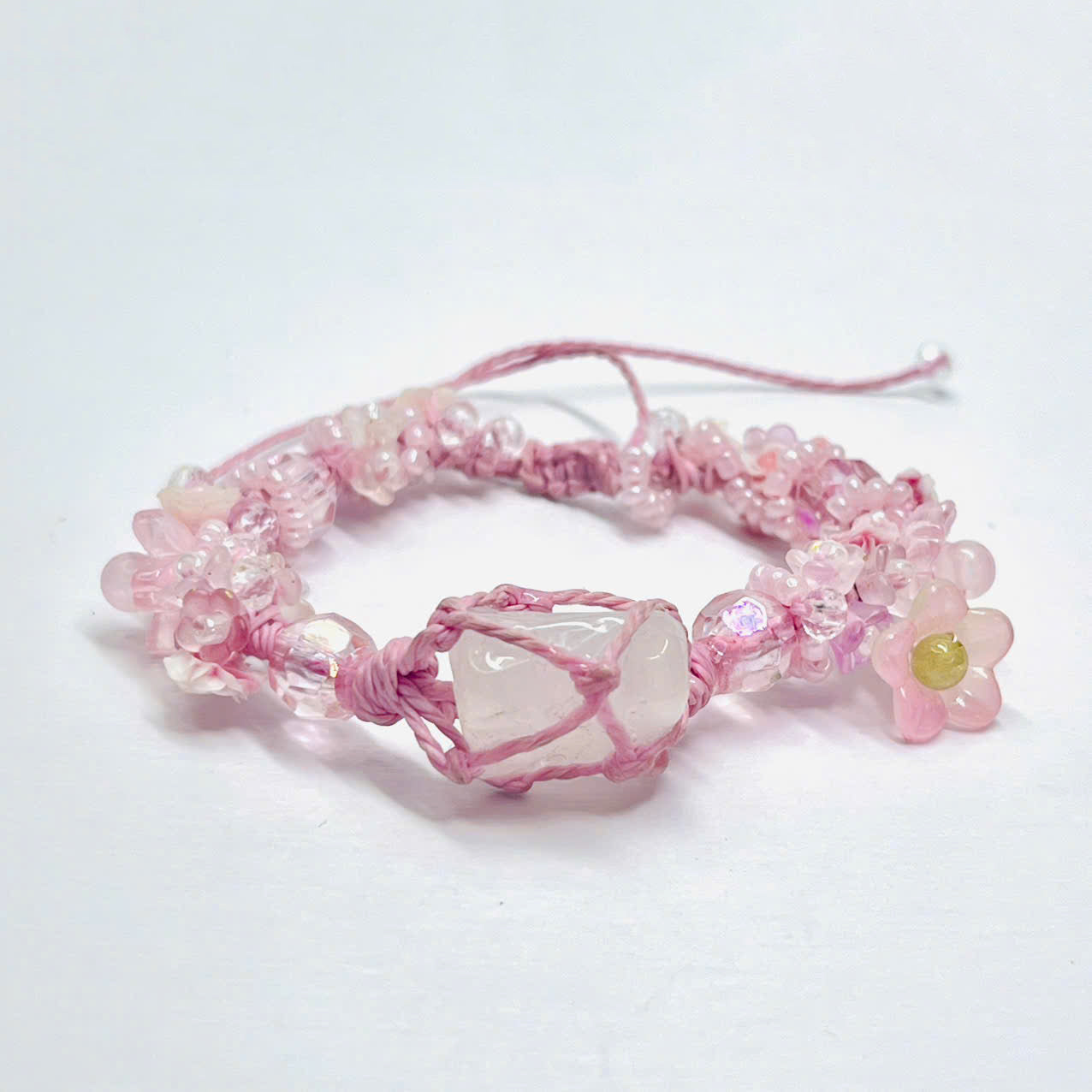Raw Rose Quartz and Flower Macrame Bracelet