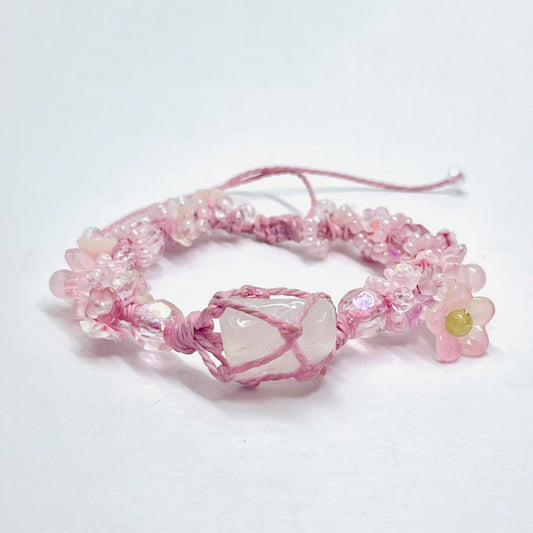 Raw Rose Quartz and Flower Macrame Bracelet