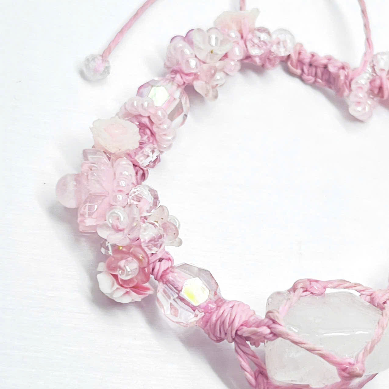 Raw Rose Quartz and Flower Macrame Bracelet