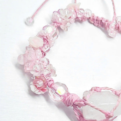 Raw Rose Quartz and Flower Macrame Bracelet