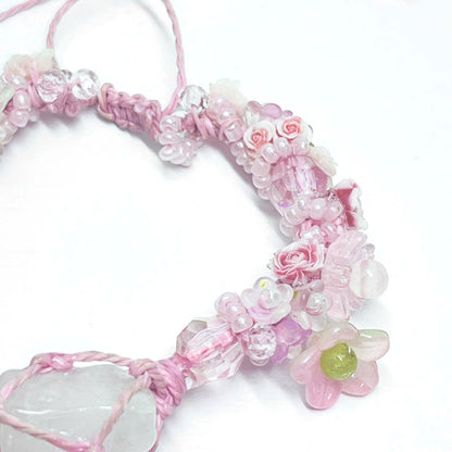 Raw Rose Quartz and Flower Macrame Bracelet