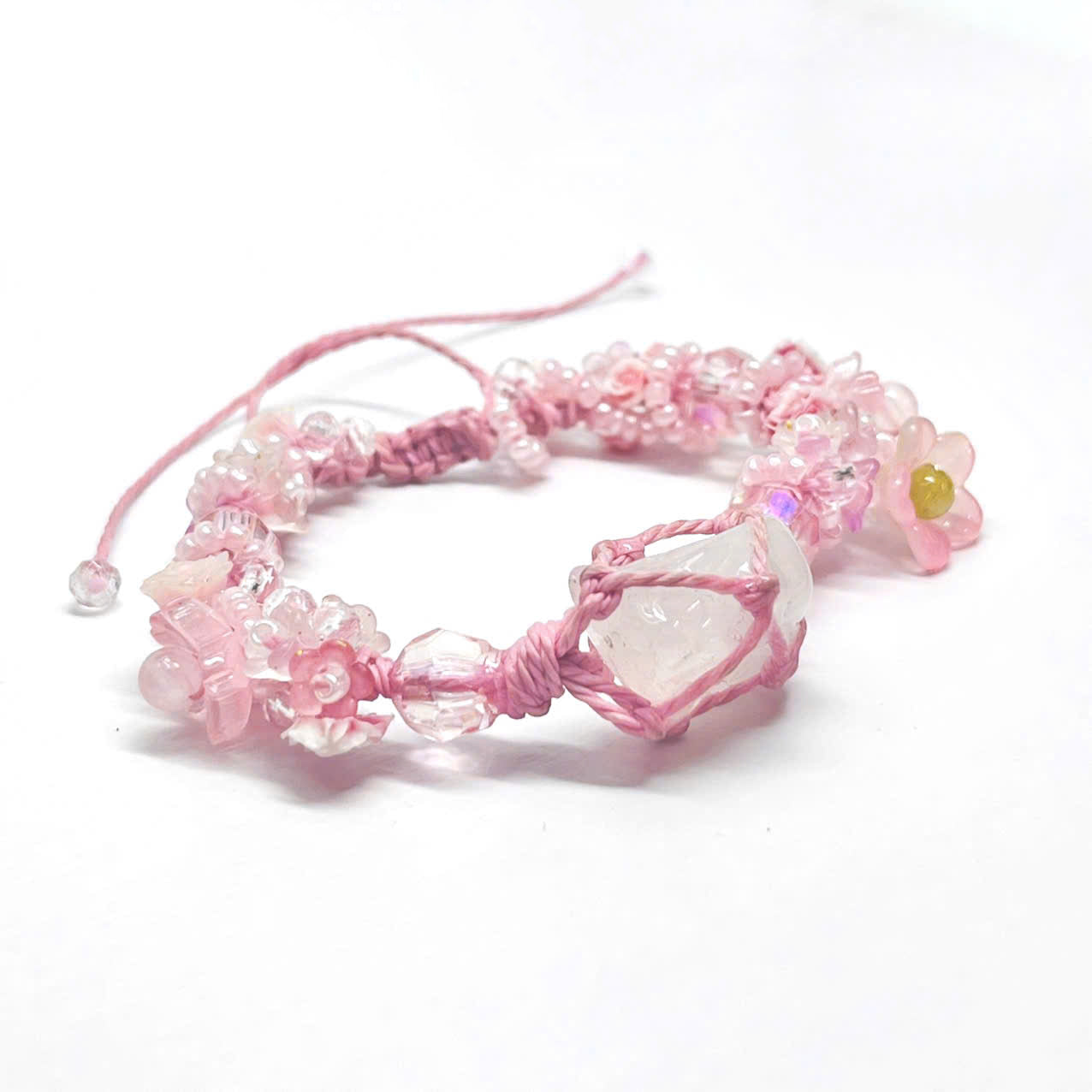 Raw Rose Quartz and Flower Macrame Bracelet
