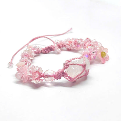Raw Rose Quartz and Flower Macrame Bracelet
