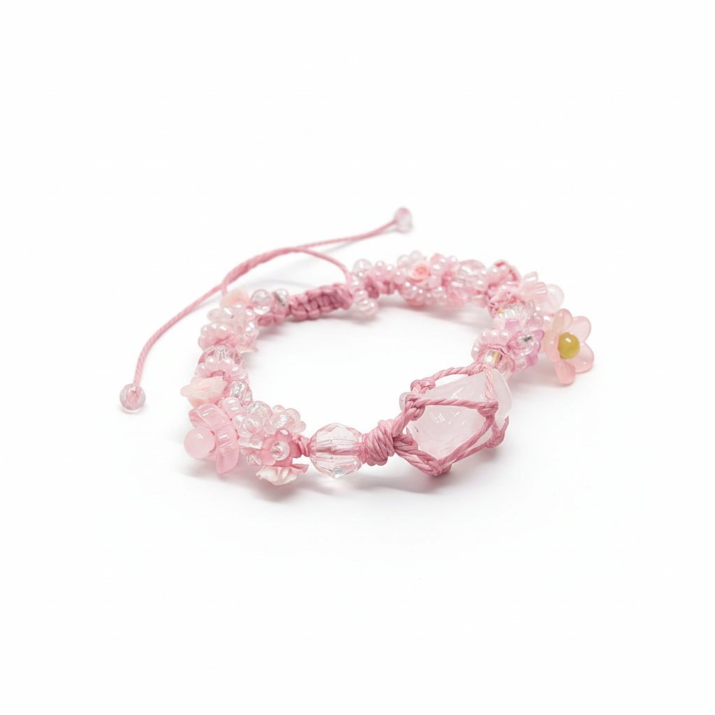 Raw Rose Quartz and Flower Macrame Bracelet