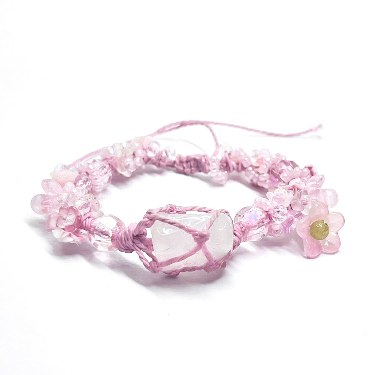 Raw Rose Quartz and Flower Macrame Bracelet