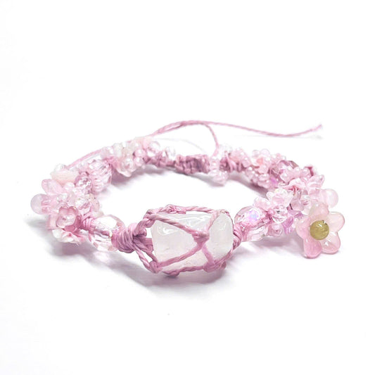 Raw Rose Quartz and Flower Macrame Bracelet
