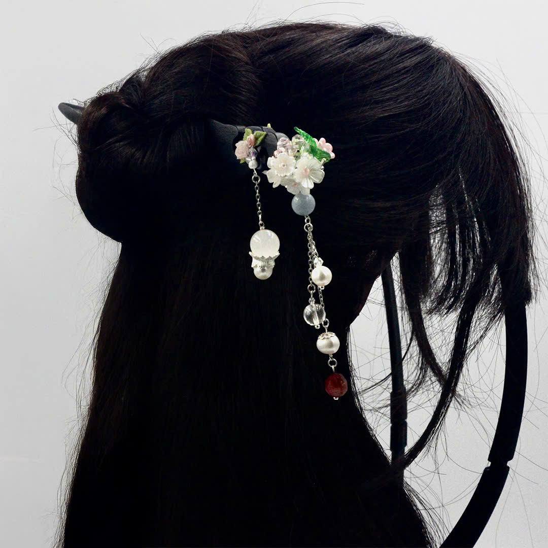 Handcrafted Rosewood Hairpin with Agate, Quartz & Pearls | Black Wooden Hair Stick | Vintage Floral Tassel Hair Accessory