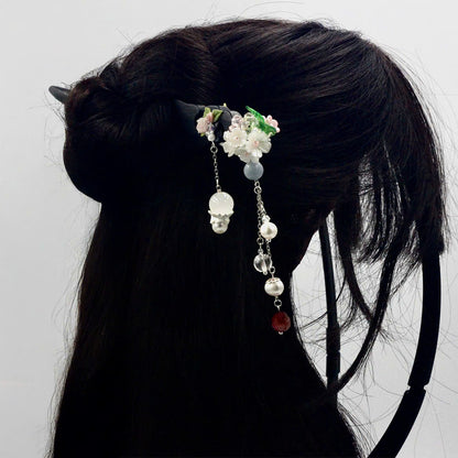 Handcrafted Rosewood Hairpin with Agate, Quartz & Pearls | Black Wooden Hair Stick | Vintage Floral Tassel Hair Accessory