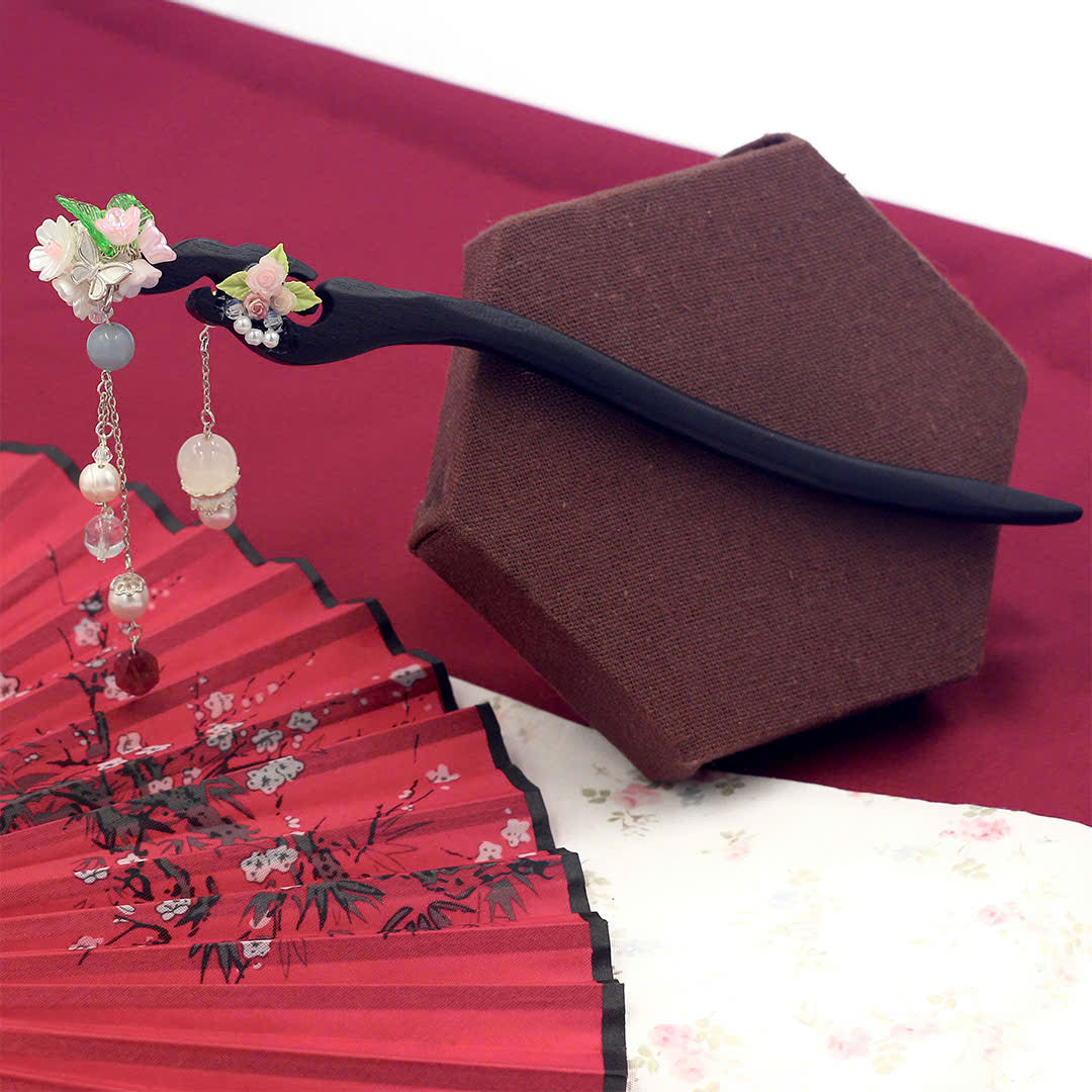 Handcrafted Rosewood Hairpin with Agate, Quartz & Pearls | Black Wooden Hair Stick | Vintage Floral Tassel Hair Accessory