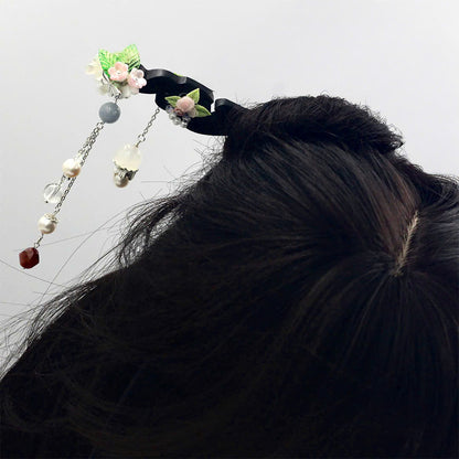 Handcrafted Rosewood Hairpin with Agate, Quartz & Pearls | Black Wooden Hair Stick | Vintage Floral Tassel Hair Accessory