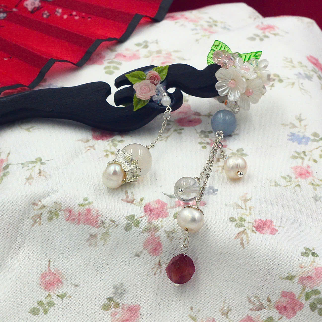 Handcrafted Rosewood Hairpin with Agate, Quartz & Pearls | Black Wooden Hair Stick | Vintage Floral Tassel Hair Accessory