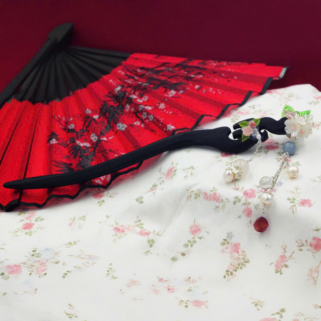 Handcrafted Rosewood Hairpin with Agate, Quartz & Pearls | Black Wooden Hair Stick | Vintage Floral Tassel Hair Accessory