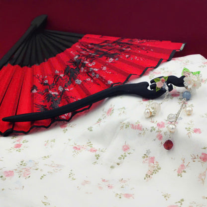 Handcrafted Rosewood Hairpin with Agate, Quartz & Pearls | Black Wooden Hair Stick | Vintage Floral Tassel Hair Accessory