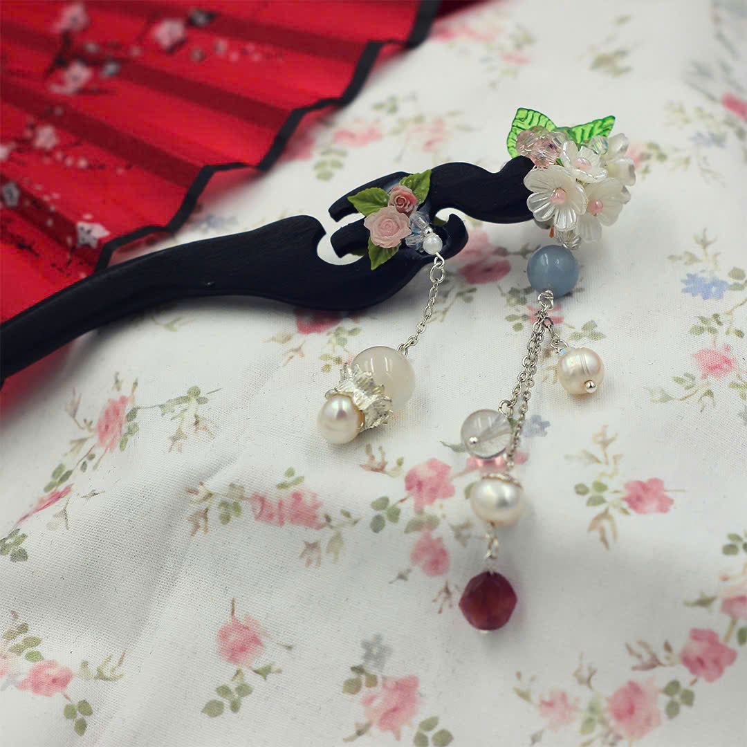 Handcrafted Rosewood Hairpin with Agate, Quartz & Pearls | Black Wooden Hair Stick | Vintage Floral Tassel Hair Accessory